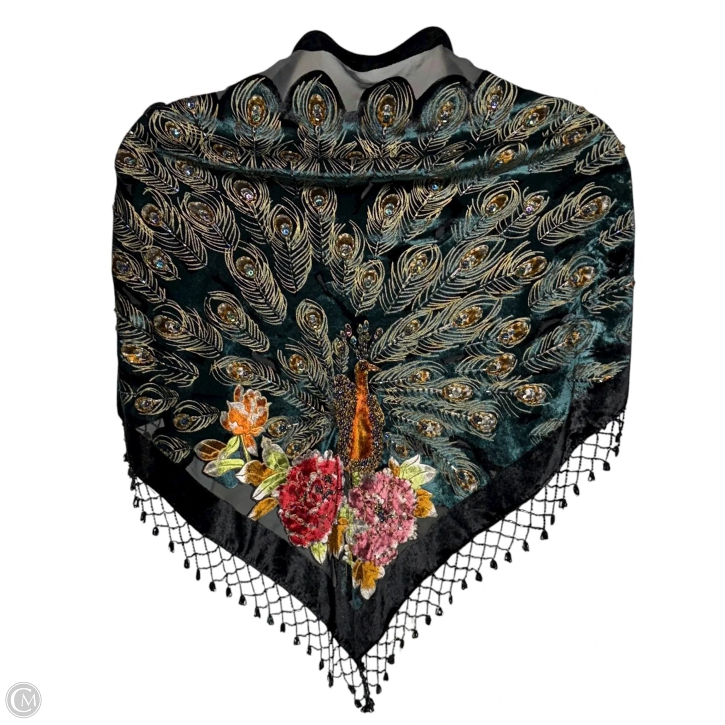 Burnout Velvet & Silk Beaded Peacock Triangle Shawl By Rabella In Multi-colored