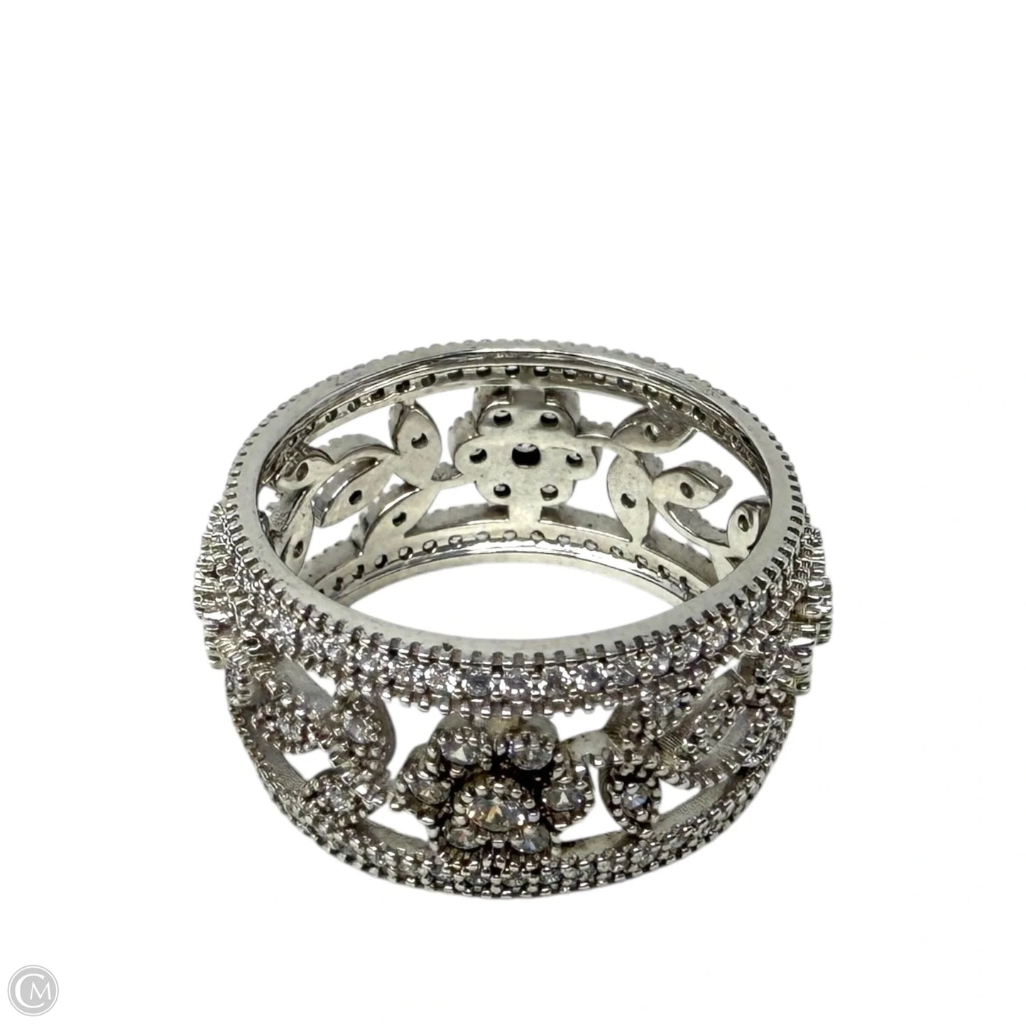 Sterling Silver Filigree Floral Cubic Zirconia Wide Band Ring By Fusion Designs, Size: 9