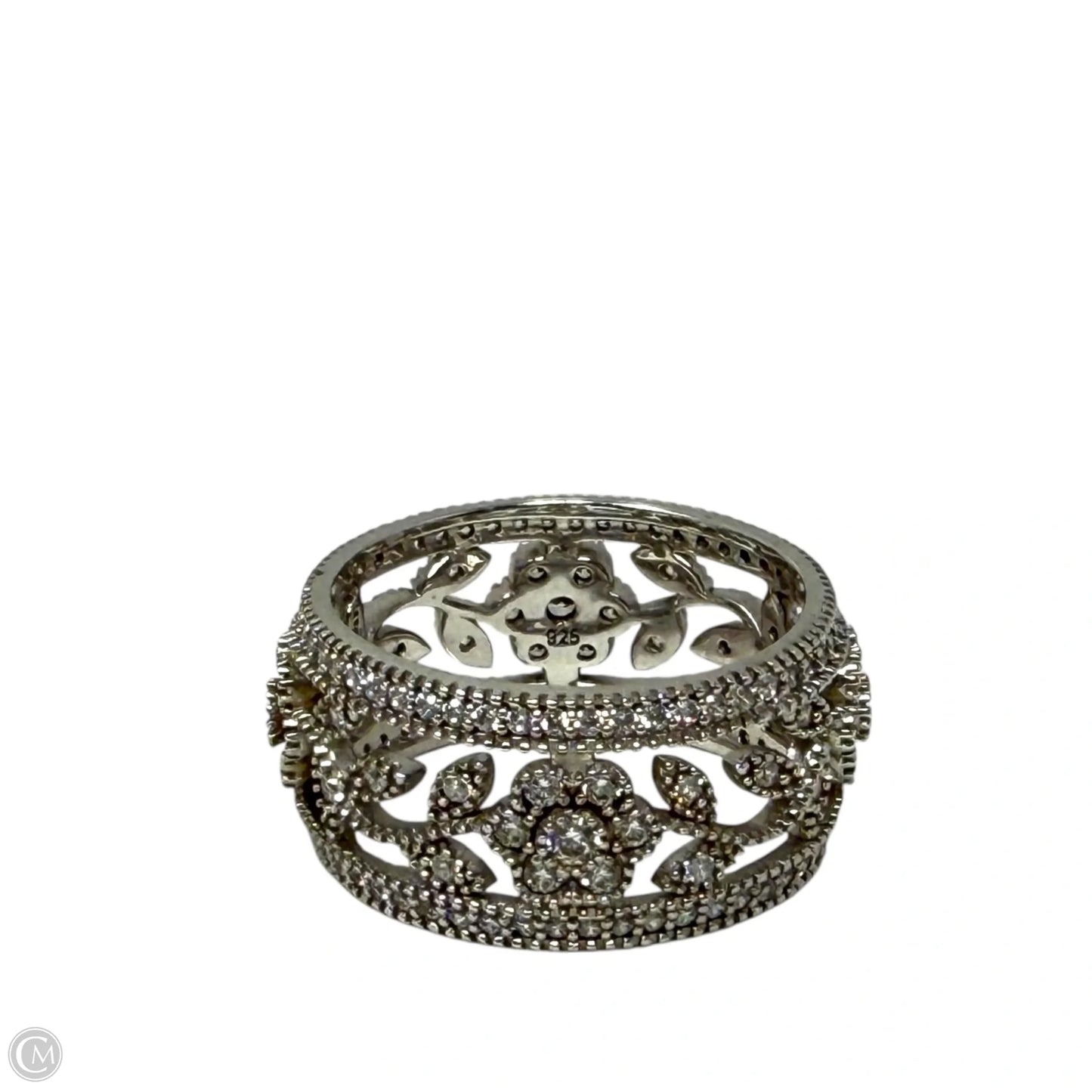 Sterling Silver Filigree Floral Cubic Zirconia Wide Band Ring By Fusion Designs, Size: 9