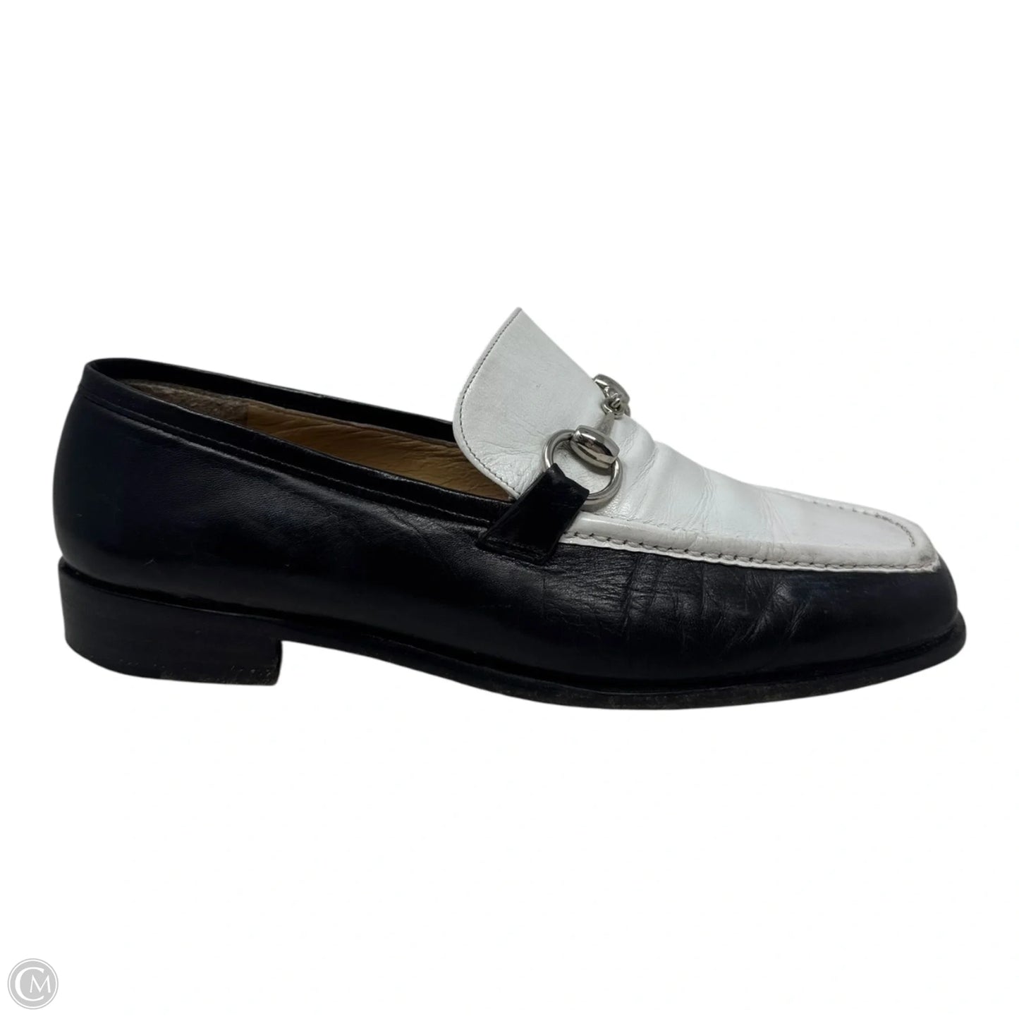 AS IS Vintage Two Tone Horsebit Loafers Shoes Luxury Designer By Gucci In Black & White, Size: 7.5