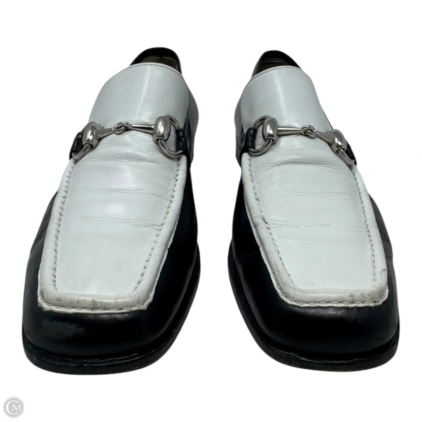 AS IS Vintage Two Tone Horsebit Loafers Shoes Luxury Designer By Gucci In Black & White, Size: 7.5