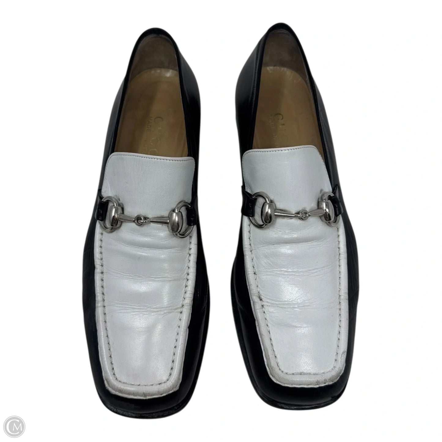 AS IS Vintage Two Tone Horsebit Loafers Shoes Luxury Designer By Gucci In Black & White, Size: 7.5