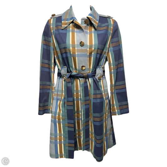 Trench Coat By Cabi In Plaid Pattern, Size: L