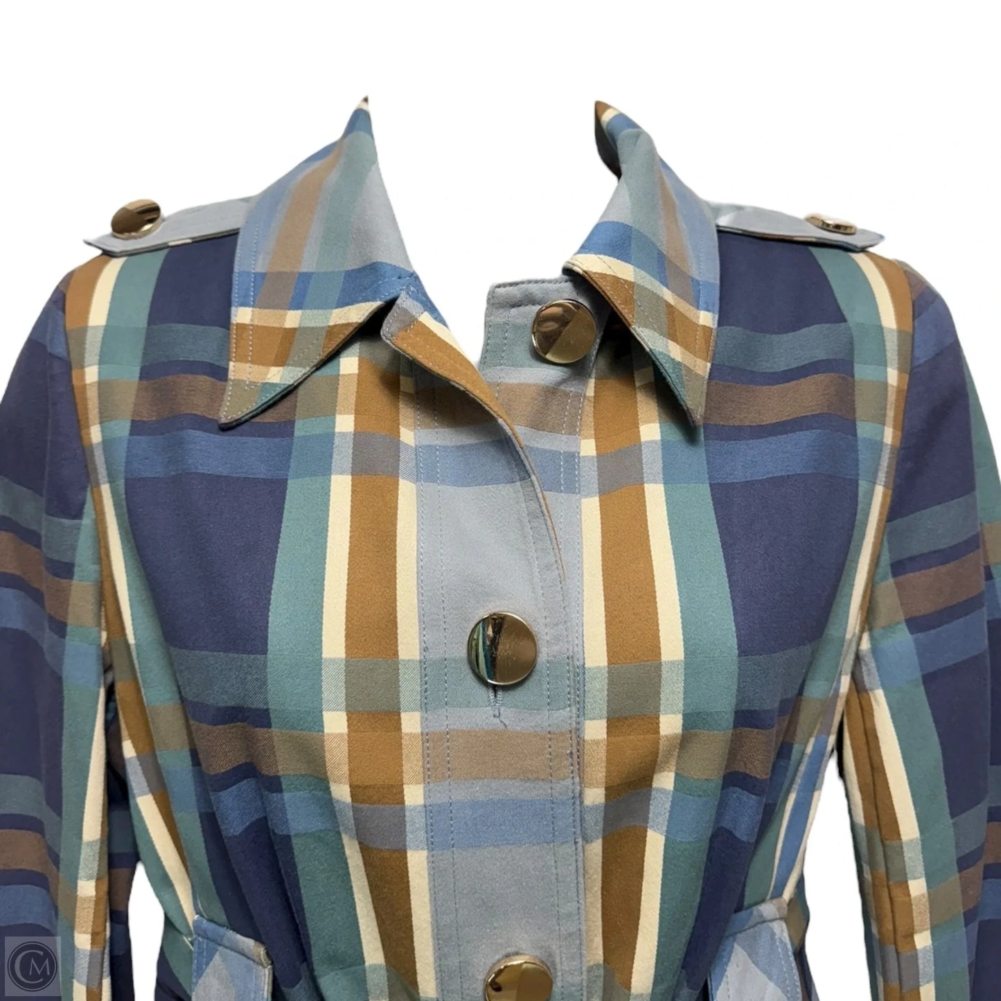 Trench Coat By Cabi In Plaid Pattern, Size: L