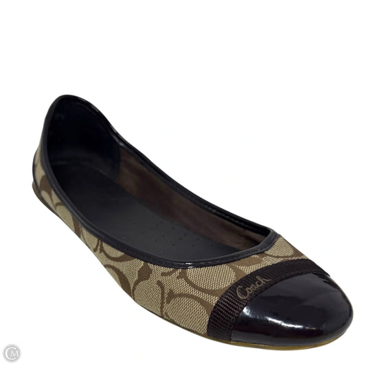 Cecile Canvas Signature Logo Patent Cap Toe Flats Designer By Coach In Brown & Tan, Size: 8
