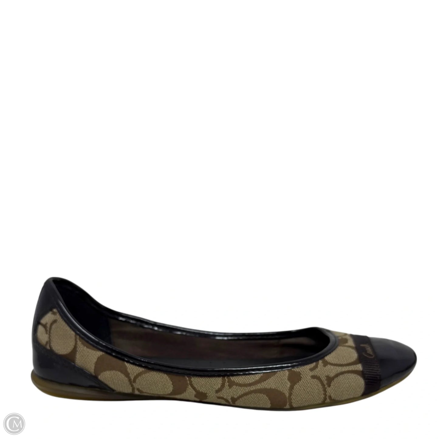 Cecile Canvas Signature Logo Patent Cap Toe Flats Designer By Coach In Brown & Tan, Size: 8