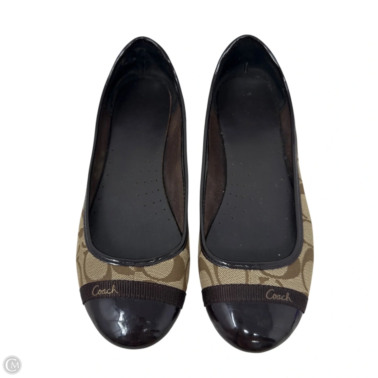 Cecile Canvas Signature Logo Patent Cap Toe Flats Designer By Coach In Brown & Tan, Size: 8