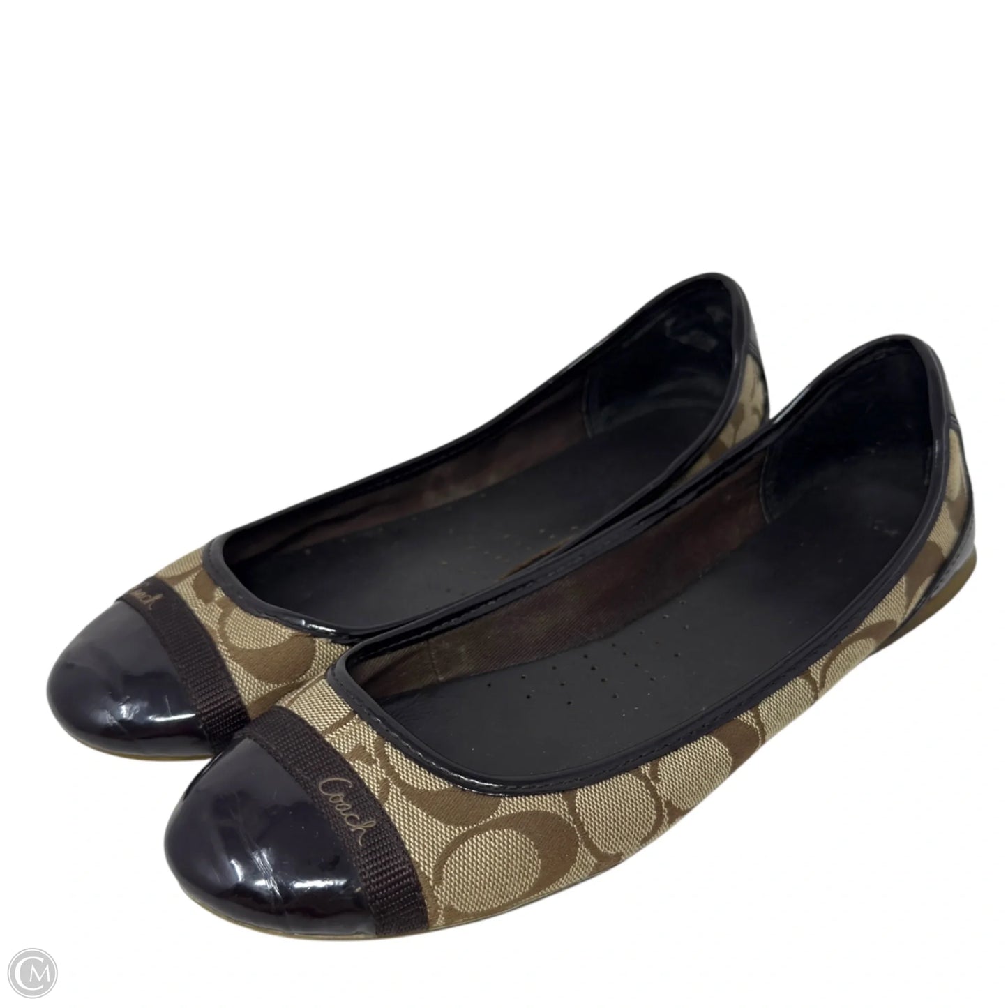 Cecile Canvas Signature Logo Patent Cap Toe Flats Designer By Coach In Brown & Tan, Size: 8