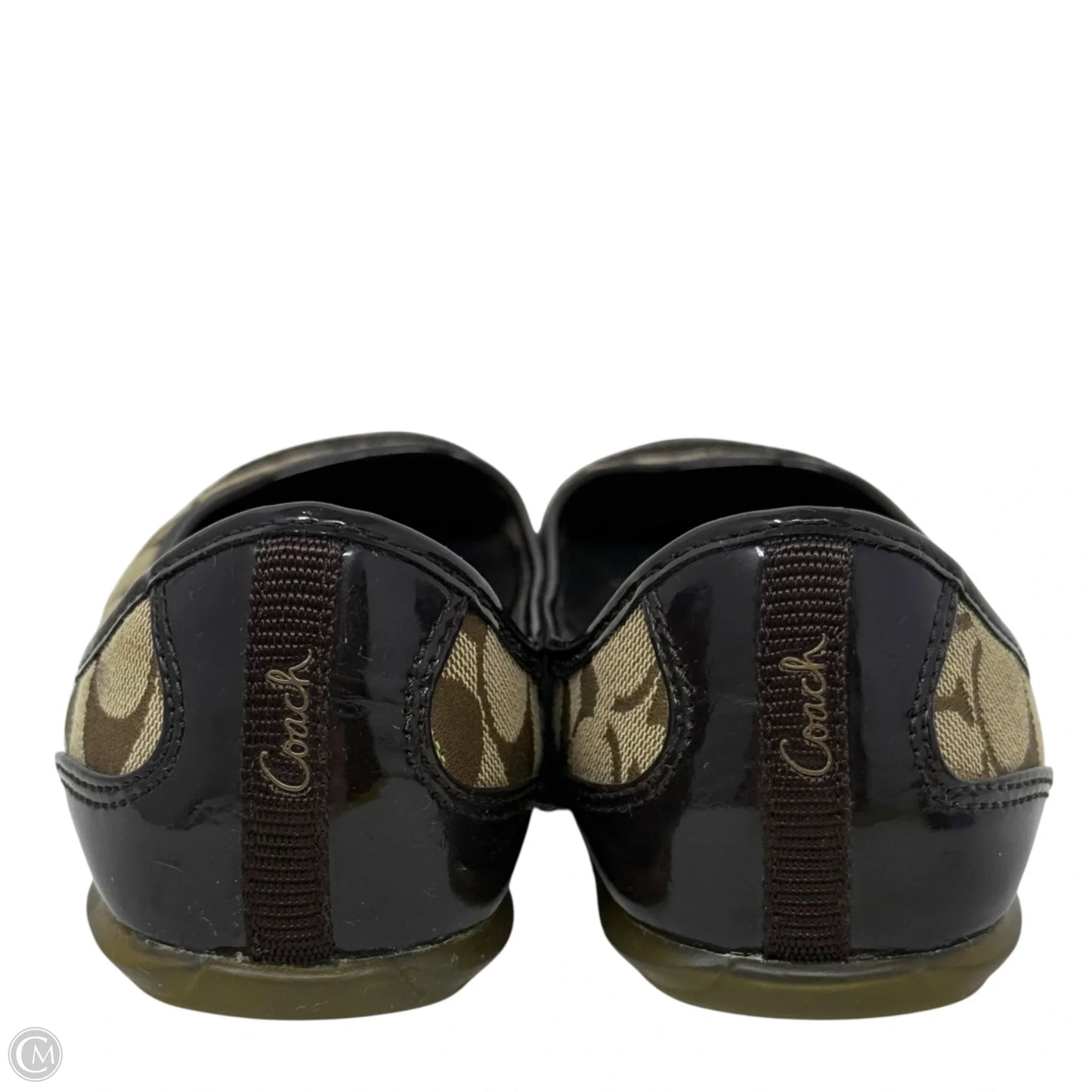 Cecile Canvas Signature Logo Patent Cap Toe Flats Designer By Coach In Brown & Tan, Size: 8