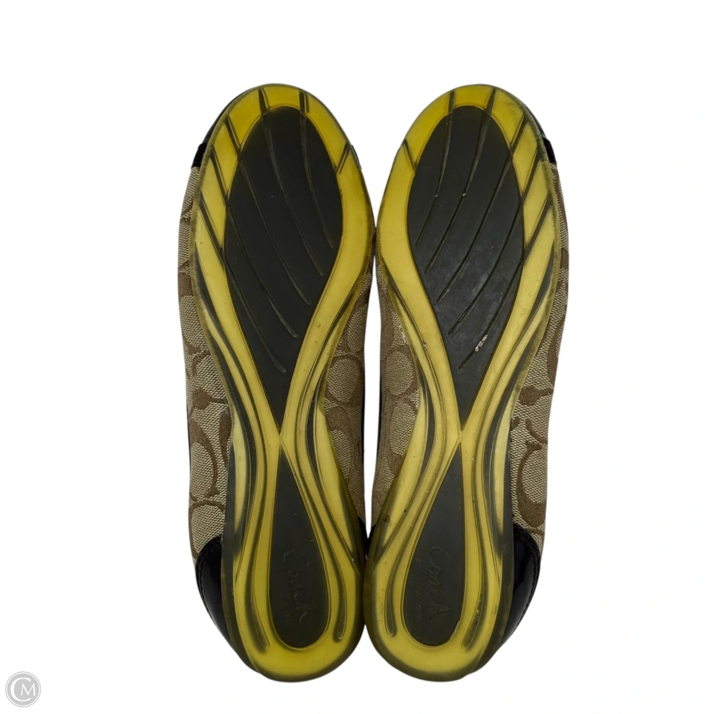 Cecile Canvas Signature Logo Patent Cap Toe Flats Designer By Coach In Brown & Tan, Size: 8