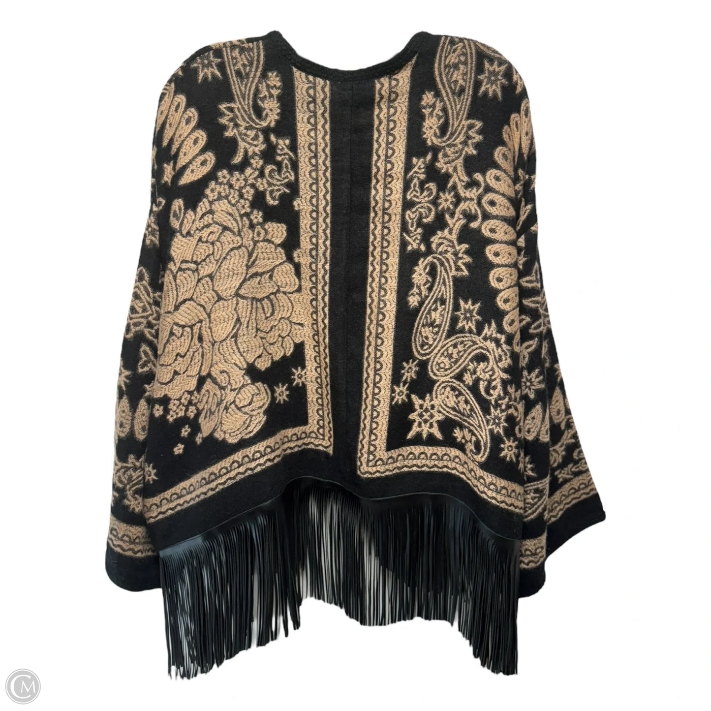 Leather Fringe Sweater Cardigan By Chicos In Black & Tan, Size: L