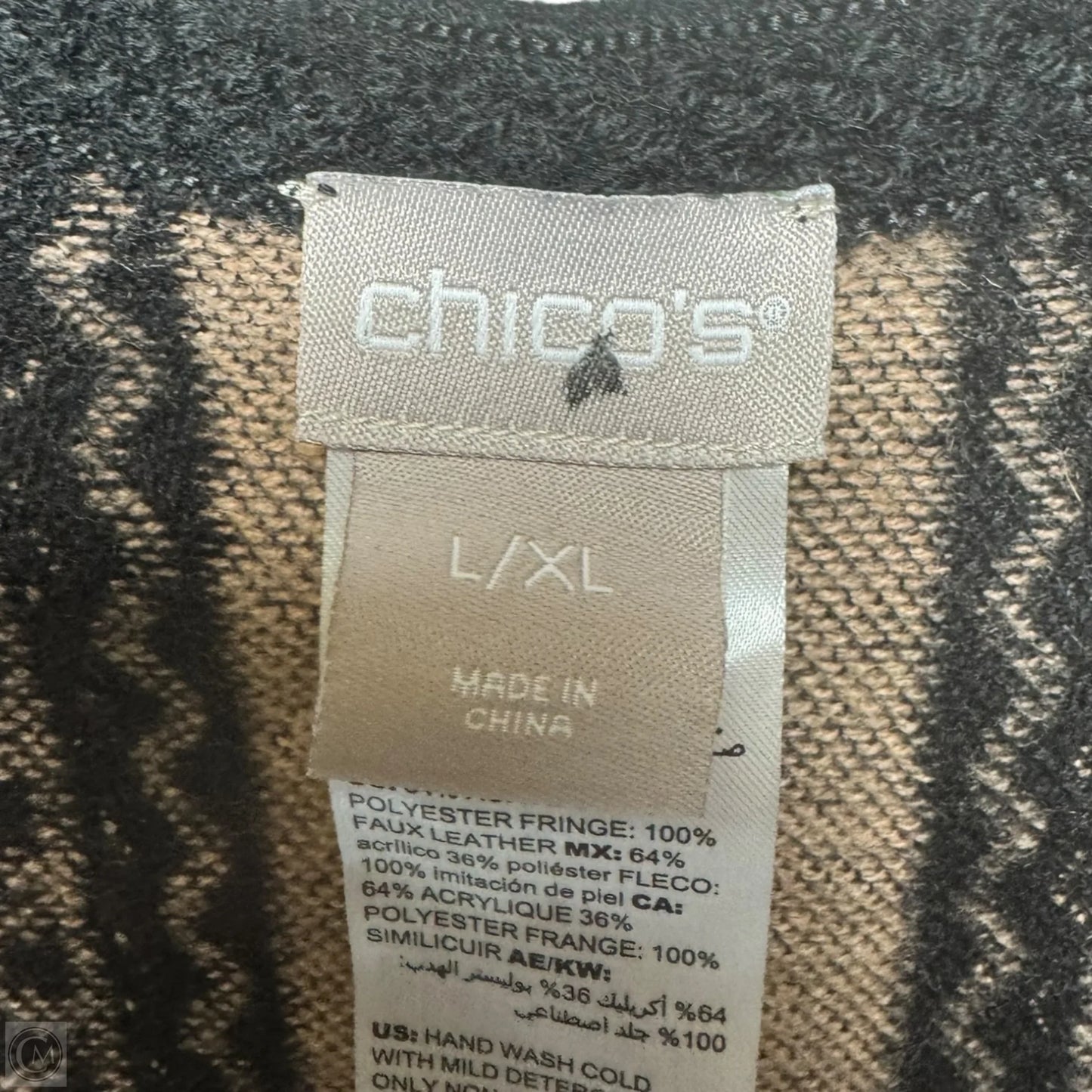 Leather Fringe Sweater Cardigan By Chicos In Black & Tan, Size: L