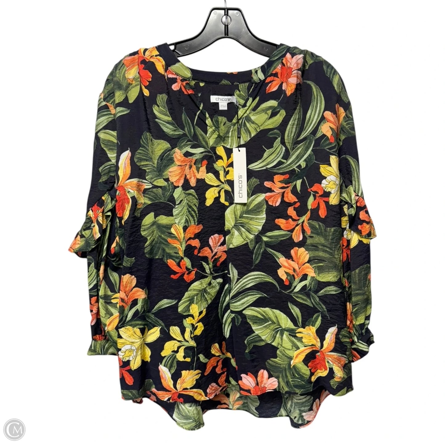 Blouse Long Sleeve By Chicos In Tropical Print, Size: 14