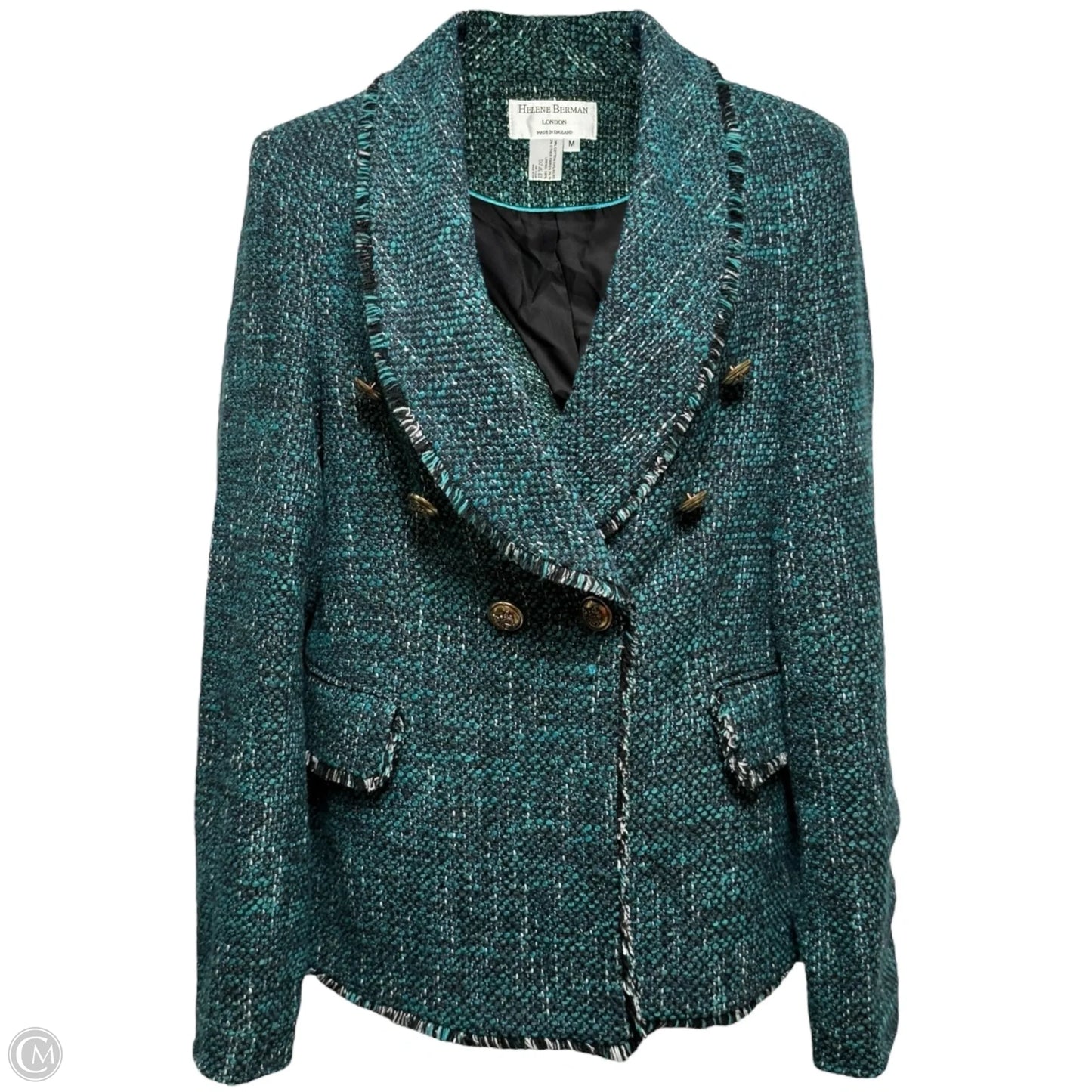 Fringe Trim Tweed Blazer By Helene Berman London X Anthropologie In Teal, Size: M