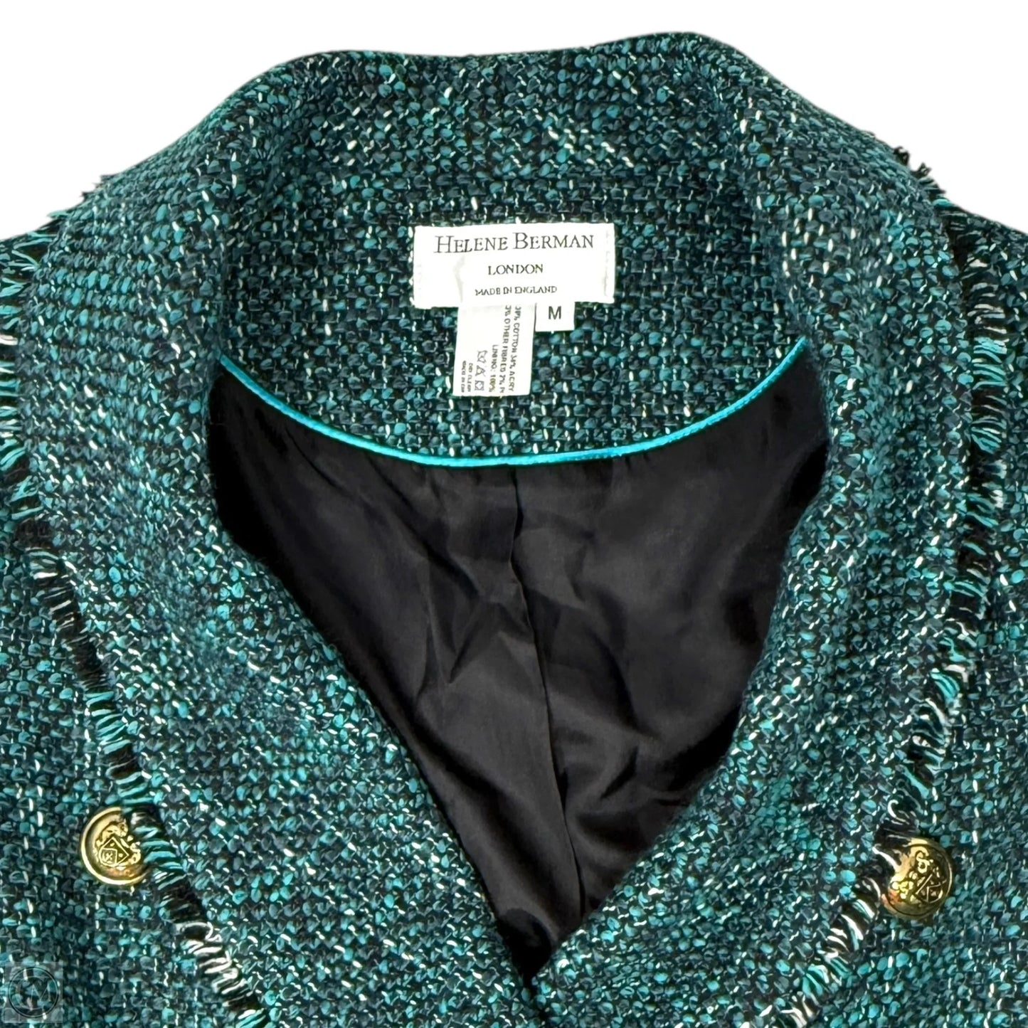 Fringe Trim Tweed Blazer By Helene Berman London X Anthropologie In Teal, Size: M