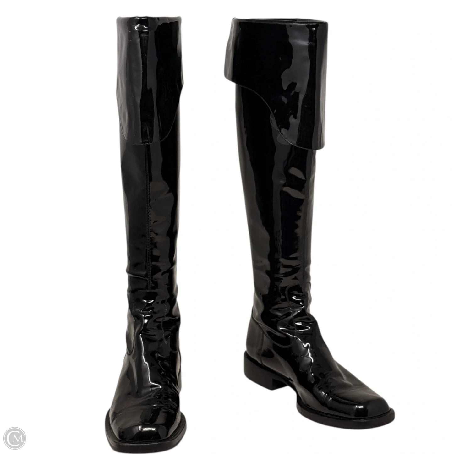 Vintage 2001 F/W Collection Patent Leather Cavalier OTK Boots Luxury Designer By Chanel In Black, Size: 7/37.5