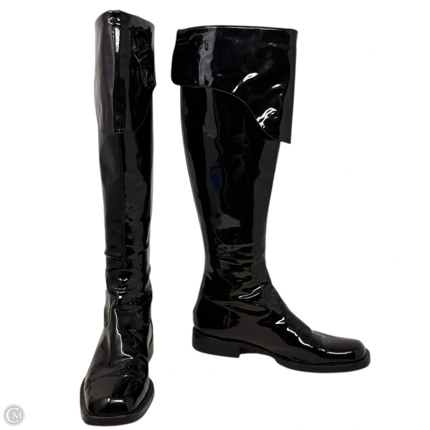 Vintage 2001 F/W Collection Patent Leather Cavalier OTK Boots Luxury Designer By Chanel In Black, Size: 7/37.5