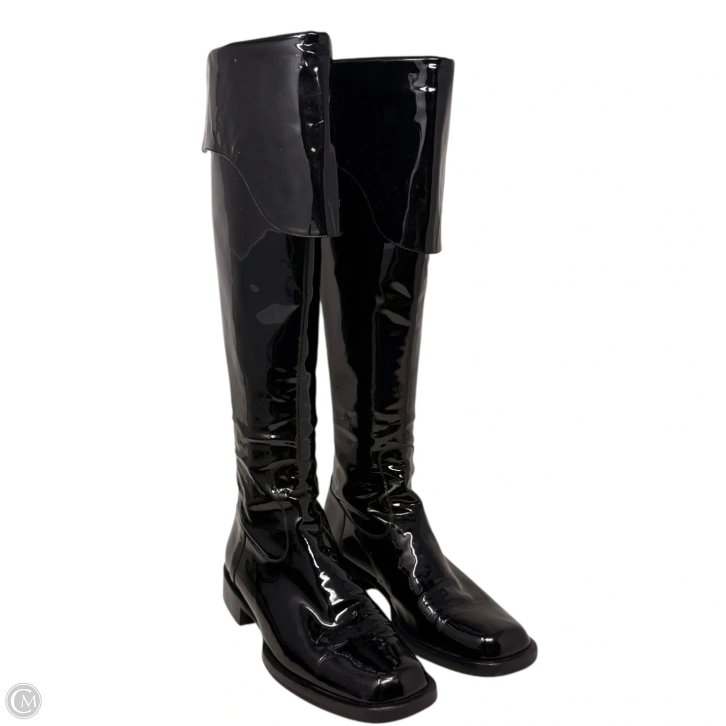 Vintage 2001 F/W Collection Patent Leather Cavalier OTK Boots Luxury Designer By Chanel In Black, Size: 7/37.5