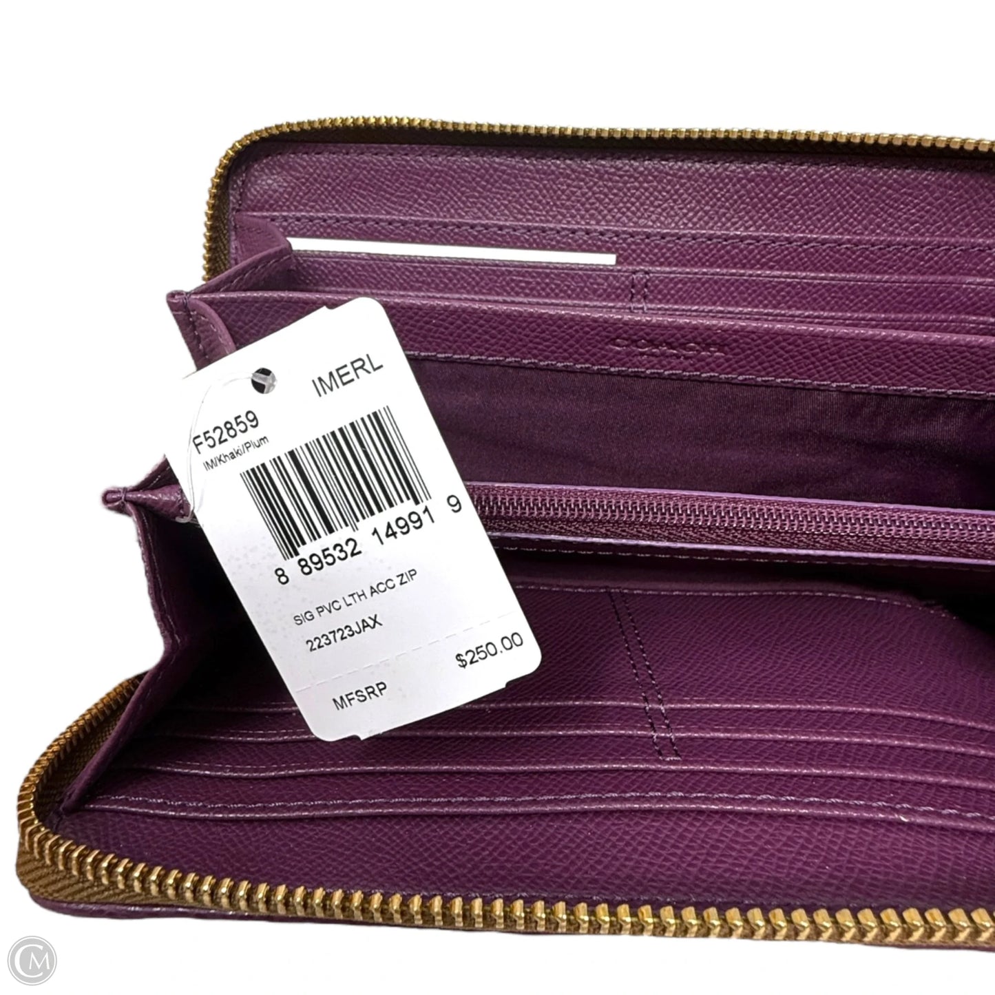 Signature PVC Leather Accordion Zip Wallet In Khaki/Plum Designer By Coach, Size: Medium