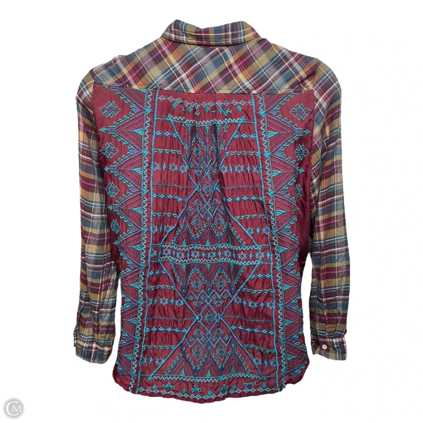 Lorie Silk Trim Embroidered Button Down Top By Johnny Was In Plaid Pattern, Size: L