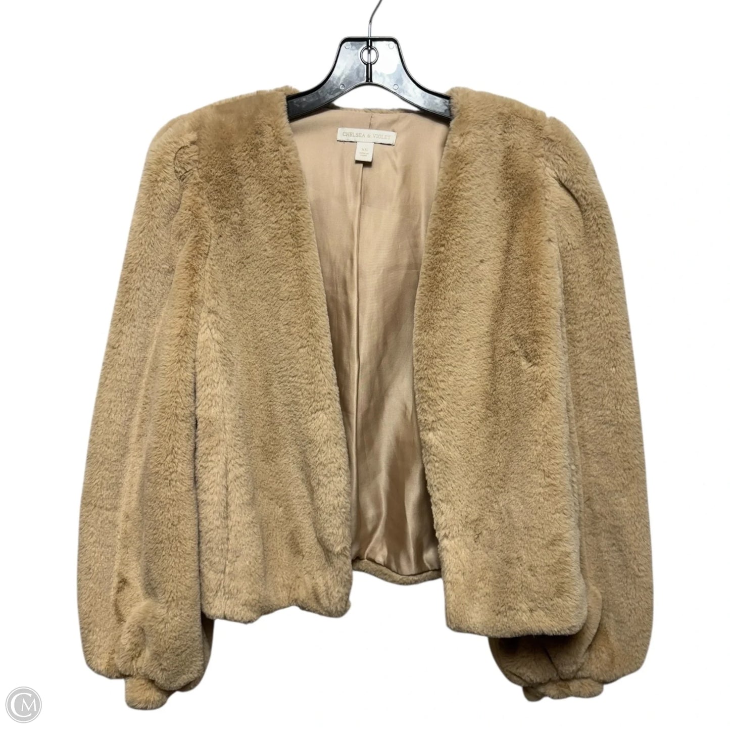 Faux Fur Blouson Sleeve Open Front Cropped Jacket By Chelsea And Violet In Tan, Size: XS