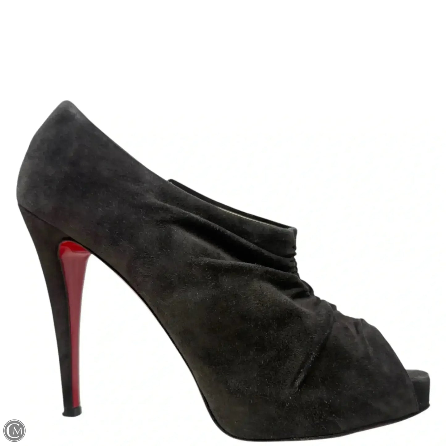 Treopli 120mm Peep Toe Ruched Booties Luxury Designer By Christian Louboutin In Grey, Size: US 10.5/IT 40.5