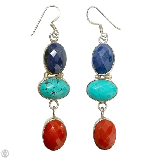 Sterling Silver Blue, Turquoise & Coral Tone Stone Dangle Earrings