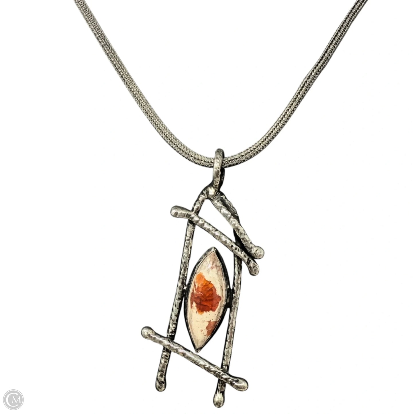 Artisan Sterling Silver Wheat Chain & Modernist Stone Pendant Necklace