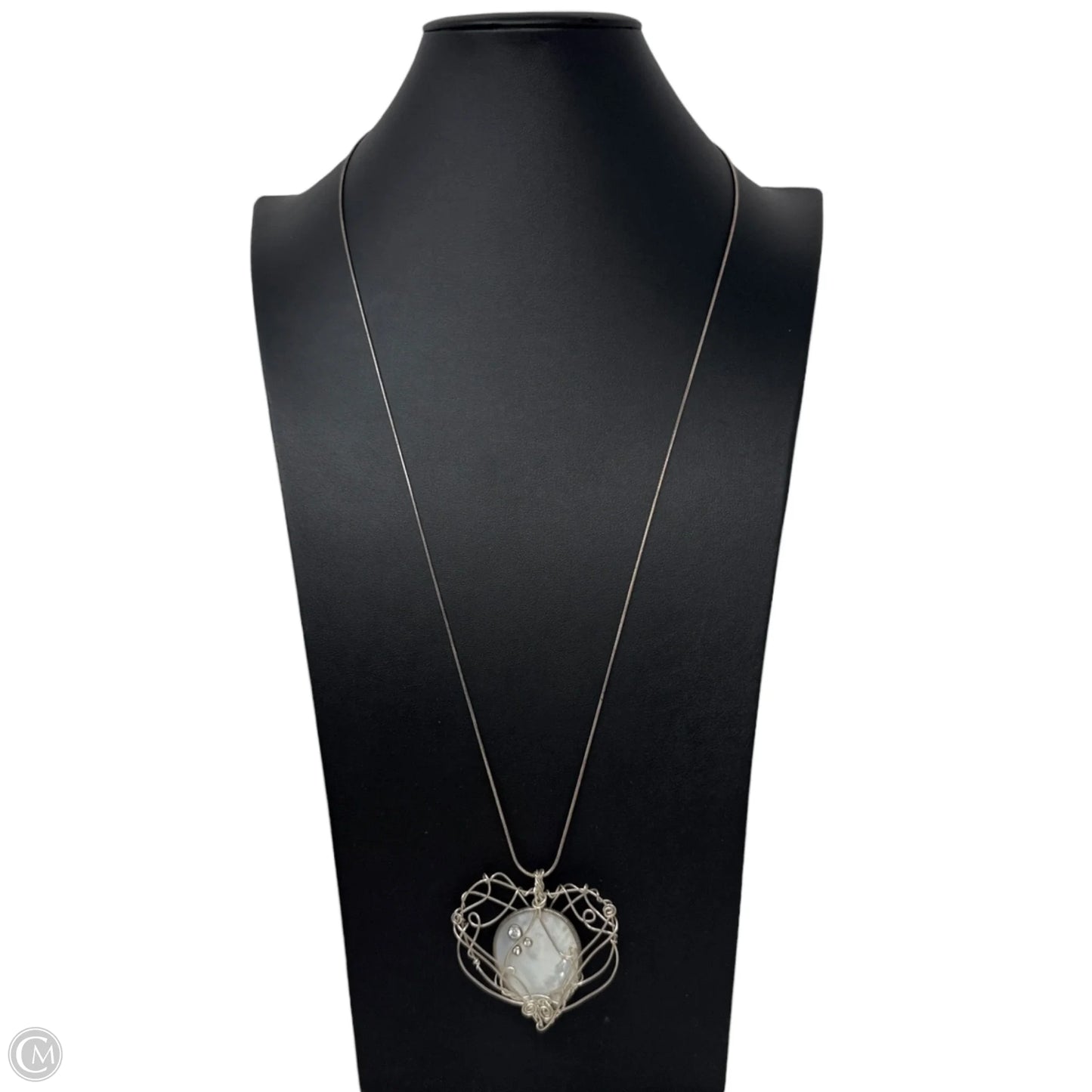 Artisan Sterling Silver Wire Wrapped Mother Of Pearl & Crystal Pendant Necklace