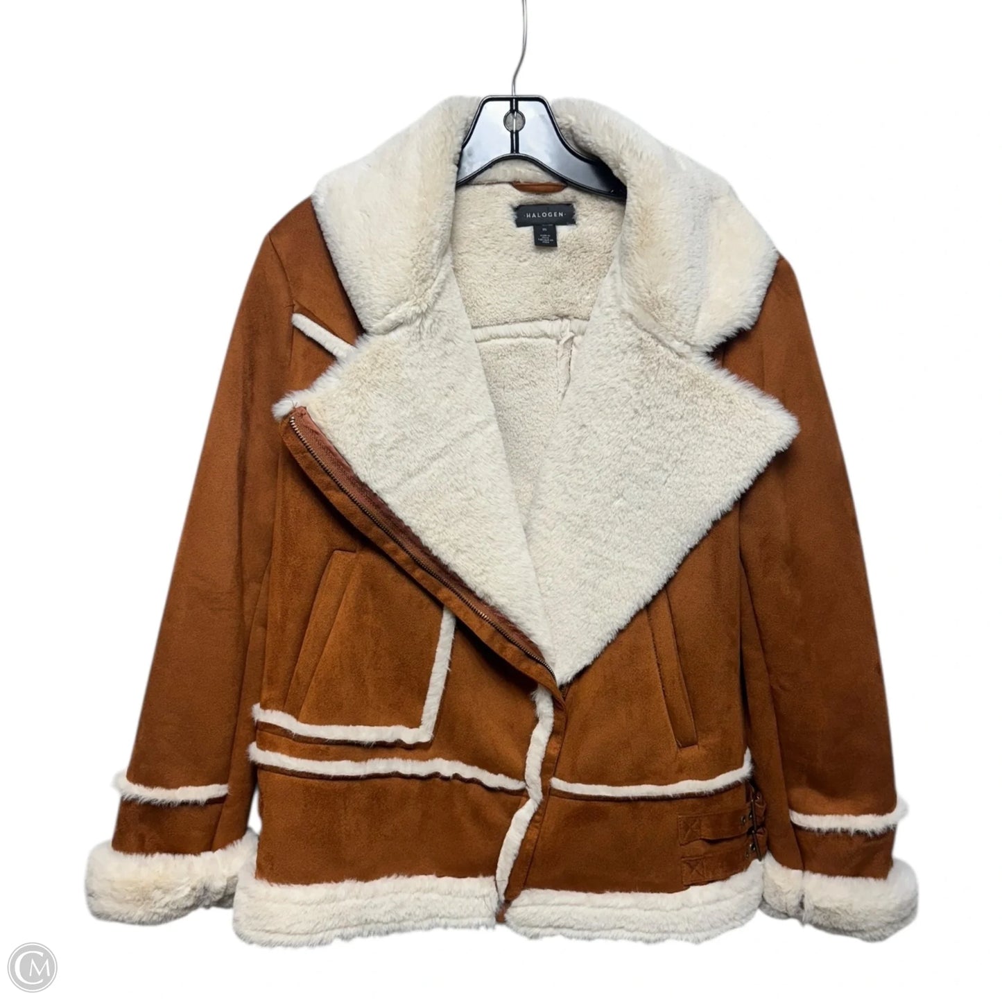 Jacket Faux Fur & Sherpa By Halogen In Orange & Cream, Size: M