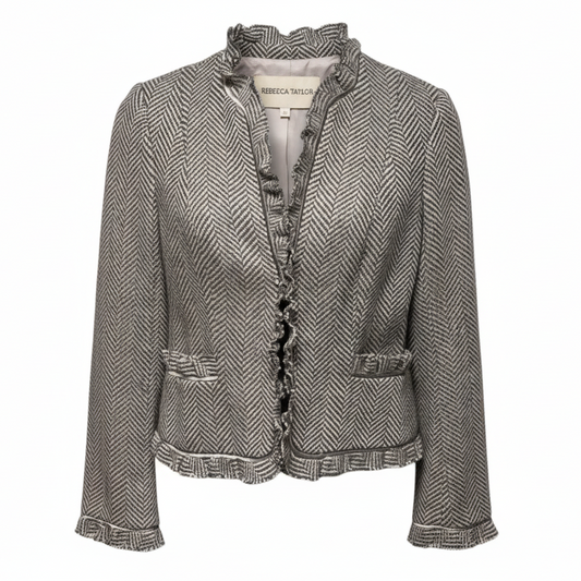Vintage Y2K Silk Trim Wool Blend Herringbone Tweed Jacket By Rebecca Taylor In Grey & Pink, Size: 4