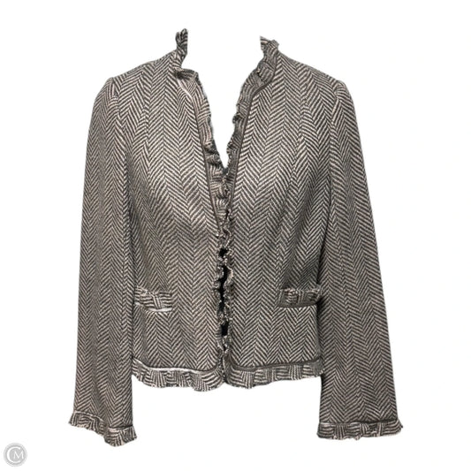Vintage Y2K Silk Trim Wool Blend Herringbone Tweed Jacket By Rebecca Taylor In Grey & Pink, Size: 4