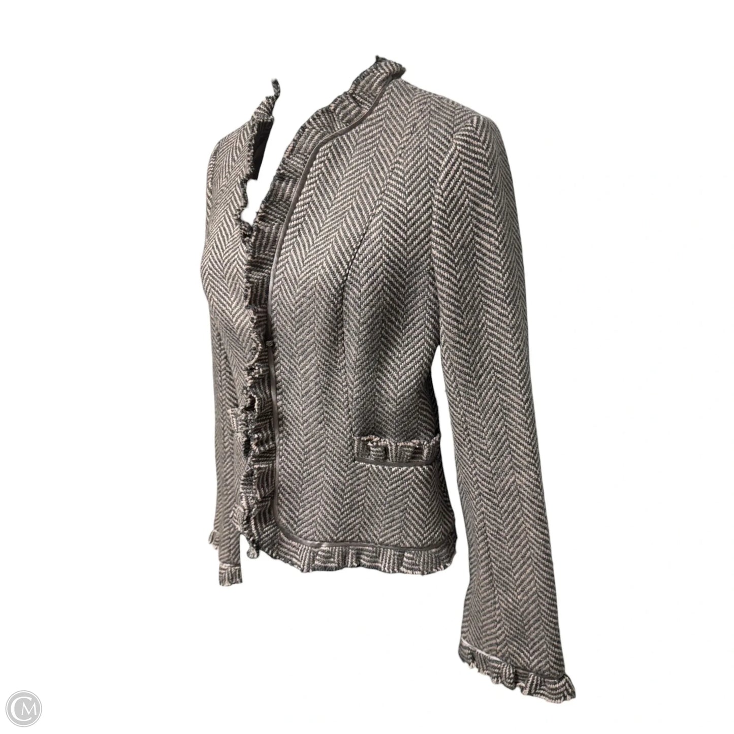 Vintage Y2K Silk Trim Wool Blend Herringbone Tweed Jacket By Rebecca Taylor In Grey & Pink, Size: 4
