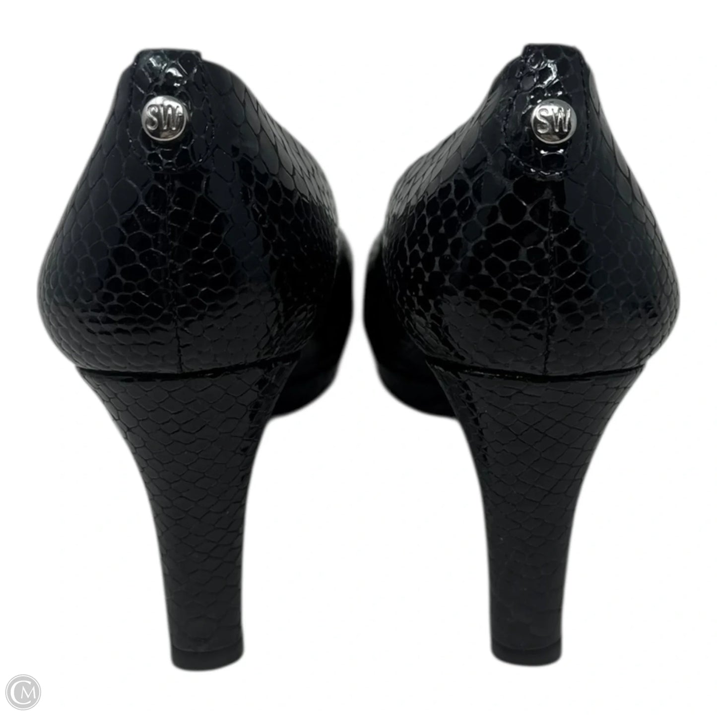 Peep Toe Croc Heels Shoes Designer By Stuart Weitzman In Black, Size: 7.5