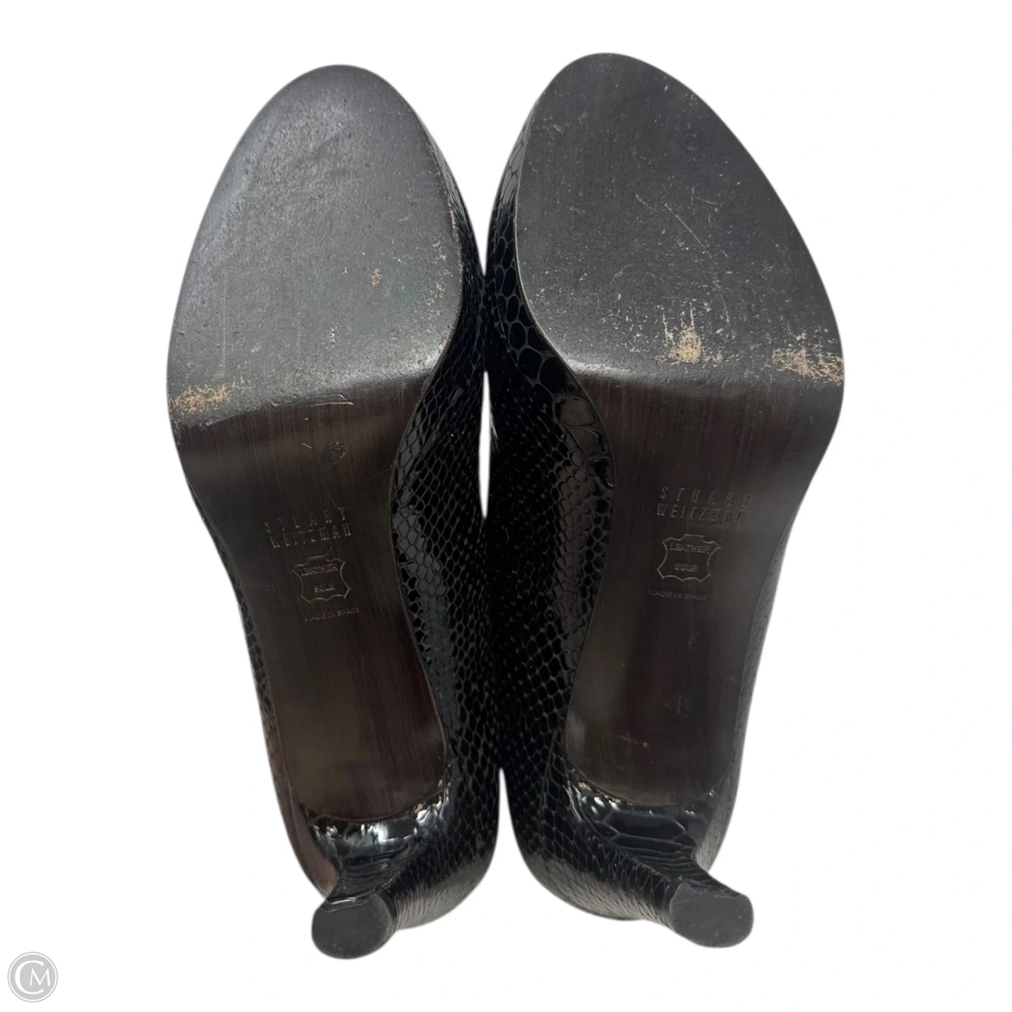 Peep Toe Croc Heels Shoes Designer By Stuart Weitzman In Black, Size: 7.5