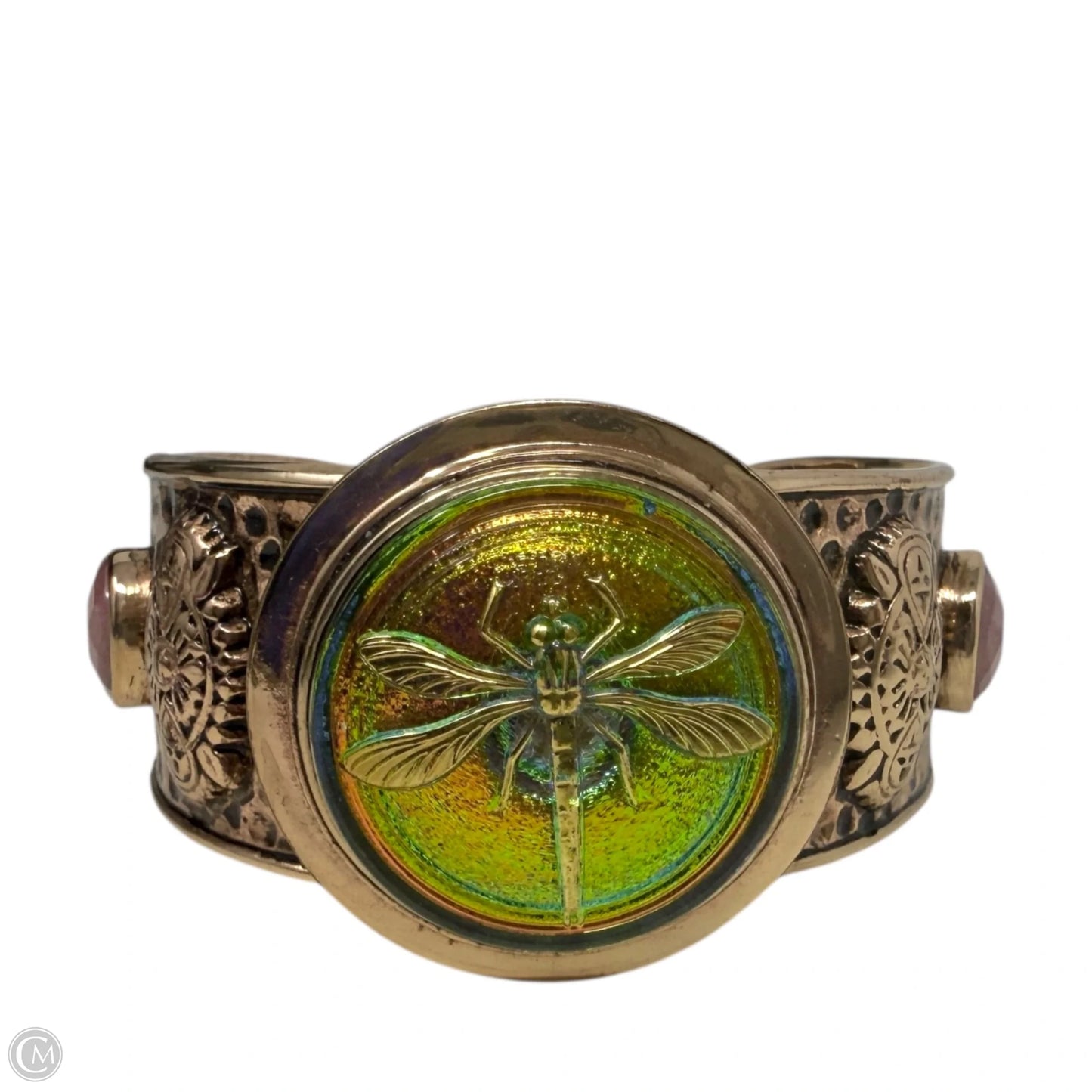 Bronze & Iridescent Czech Art Glass Dragonfly Cuff Bracelet By Amy Kahn Russell
