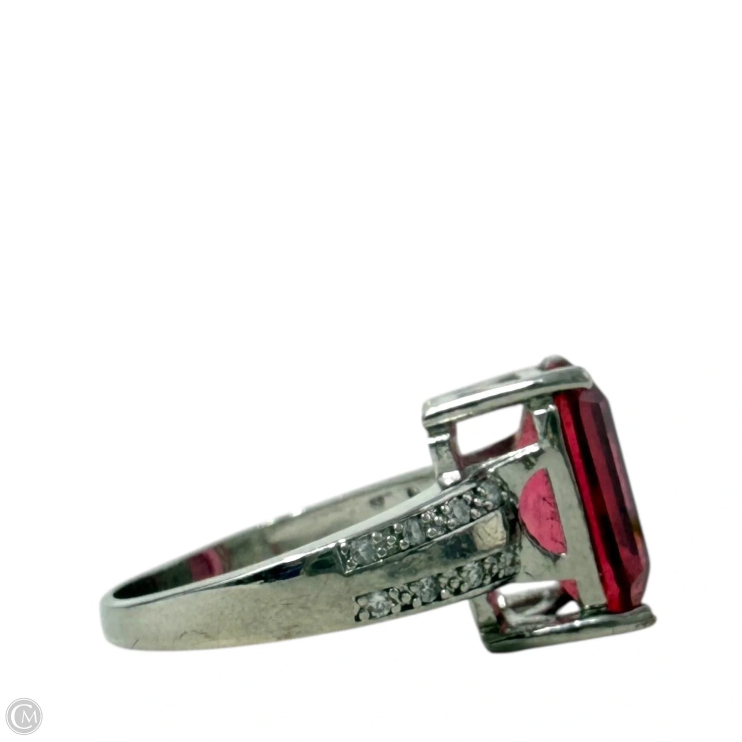 Sterling Silver, Emerald Cut Red Tourmaline & CZ Cocktail Ring, Size: 9