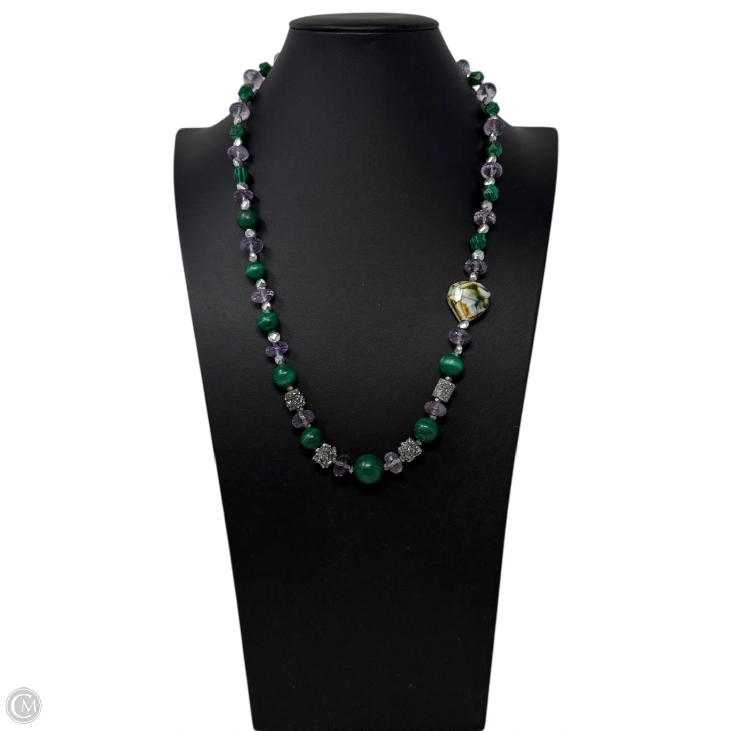 Handmade Artisan  Sterling Silver, Malachite, Amethyst & Jasper Beaded Statement Necklace