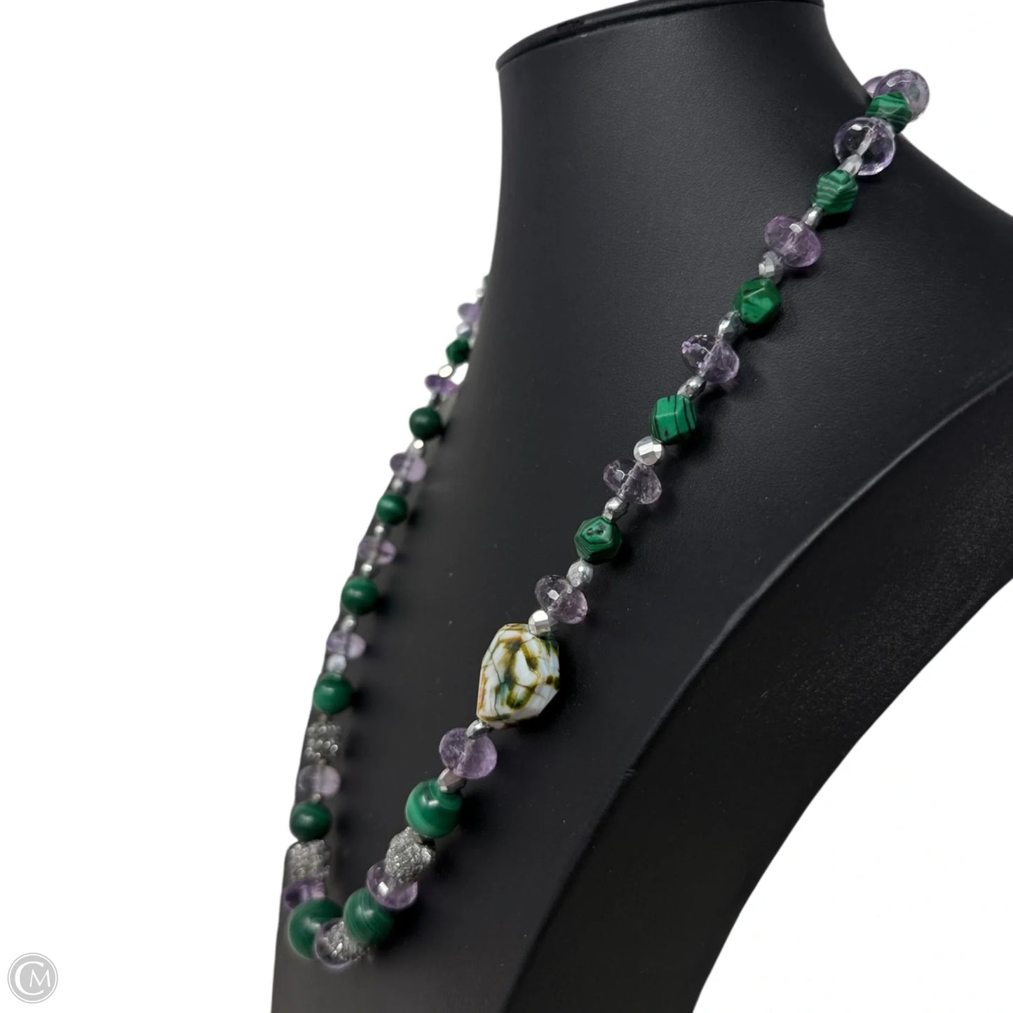 Handmade Artisan  Sterling Silver, Malachite, Amethyst & Jasper Beaded Statement Necklace