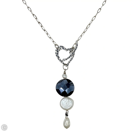 Silver Tone Lariat Necklace With Faux Crystal & Pearls