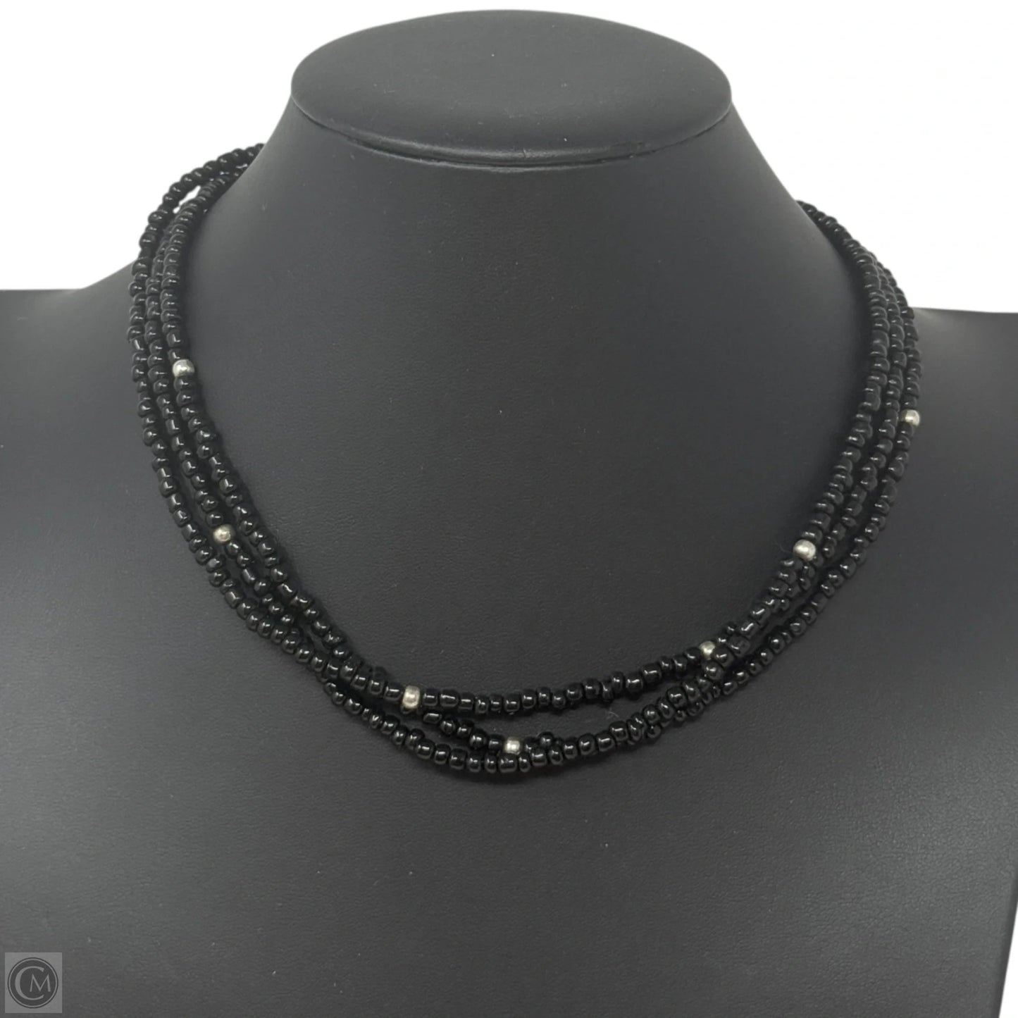 Triple Strand Sterling Silver & Black Glass Beaded Necklace By Silpada