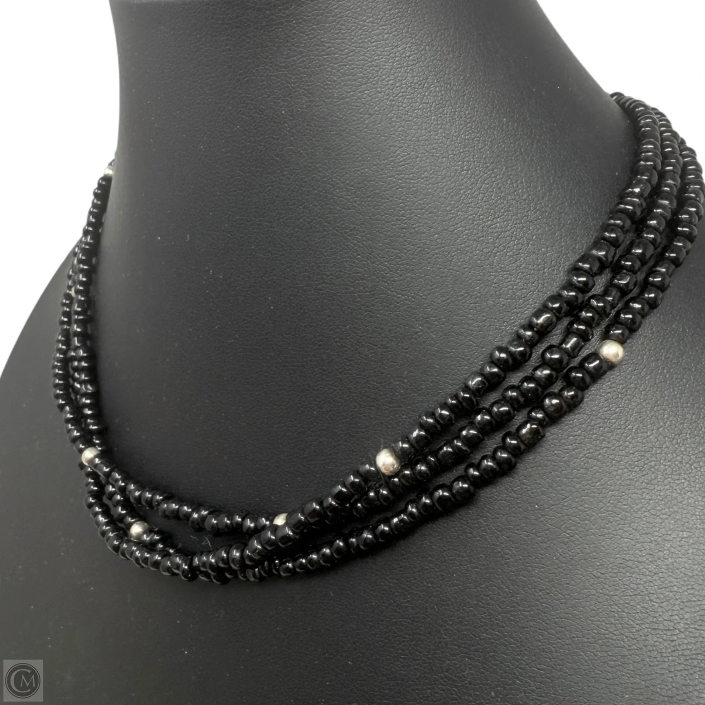 Triple Strand Sterling Silver & Black Glass Beaded Necklace By Silpada