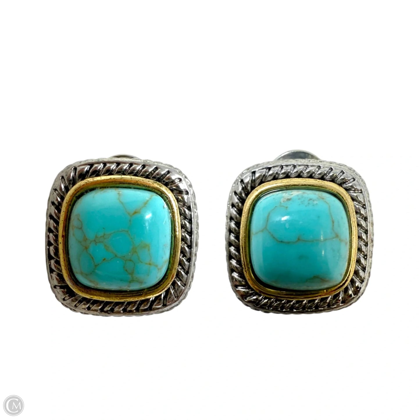 Turquoise, Silver & Gold Tone Cable Square Omega Latch Post Earrings
