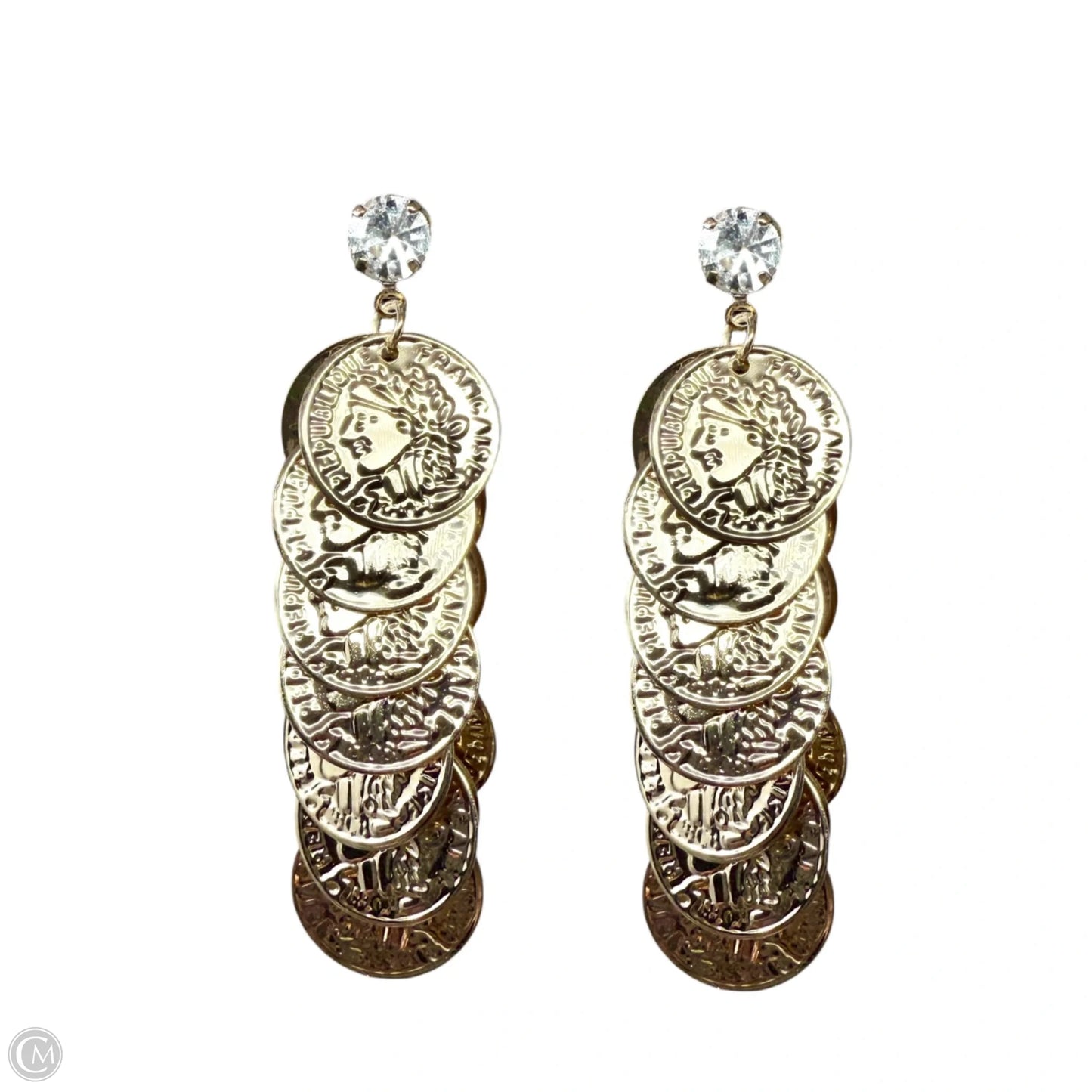 Rhinestone Stud & Gold Cluster Coin Dangle Earrings