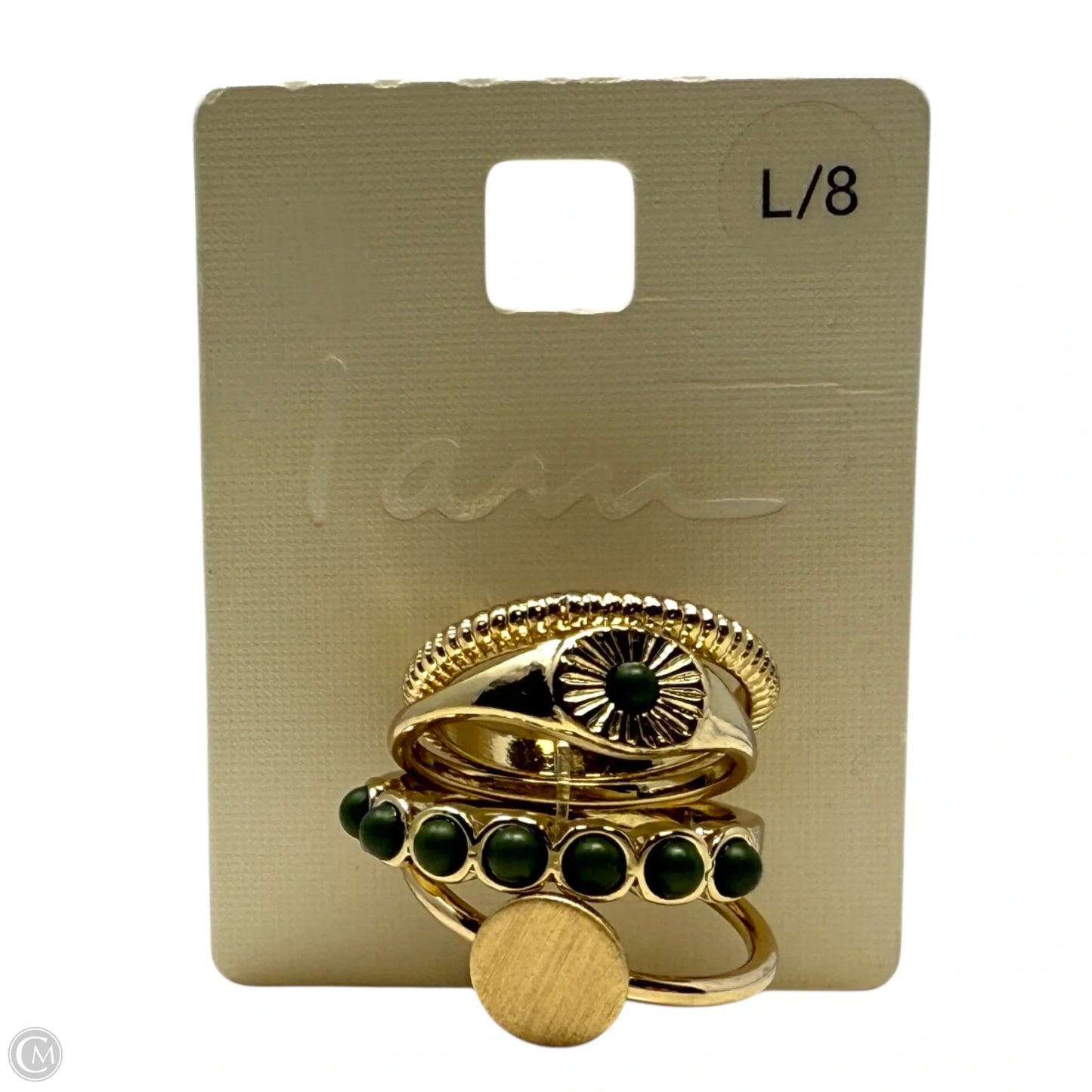Gold Tone & Green Stone Stackable Ring Set By Iam , Size: 8