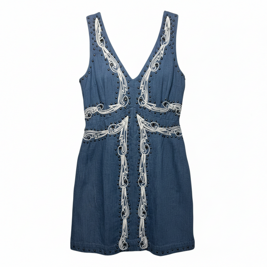 Soft Denim Mini Dress with embroidery and brass beading By Anthropologie In Blue Denim, Size: 4 Petite