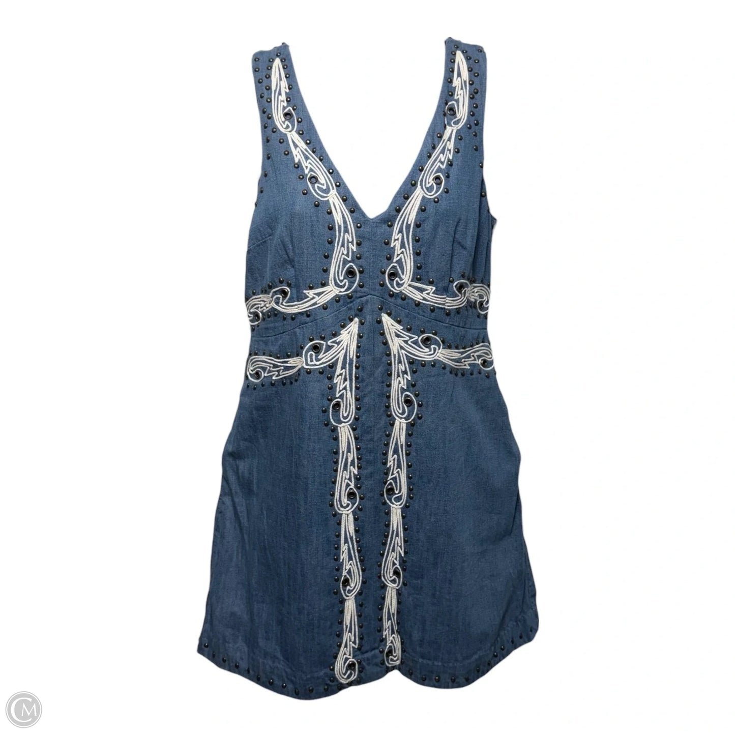 Soft Denim Mini Dress with embroidery and brass beading By Anthropologie In Blue Denim, Size: 4 Petite