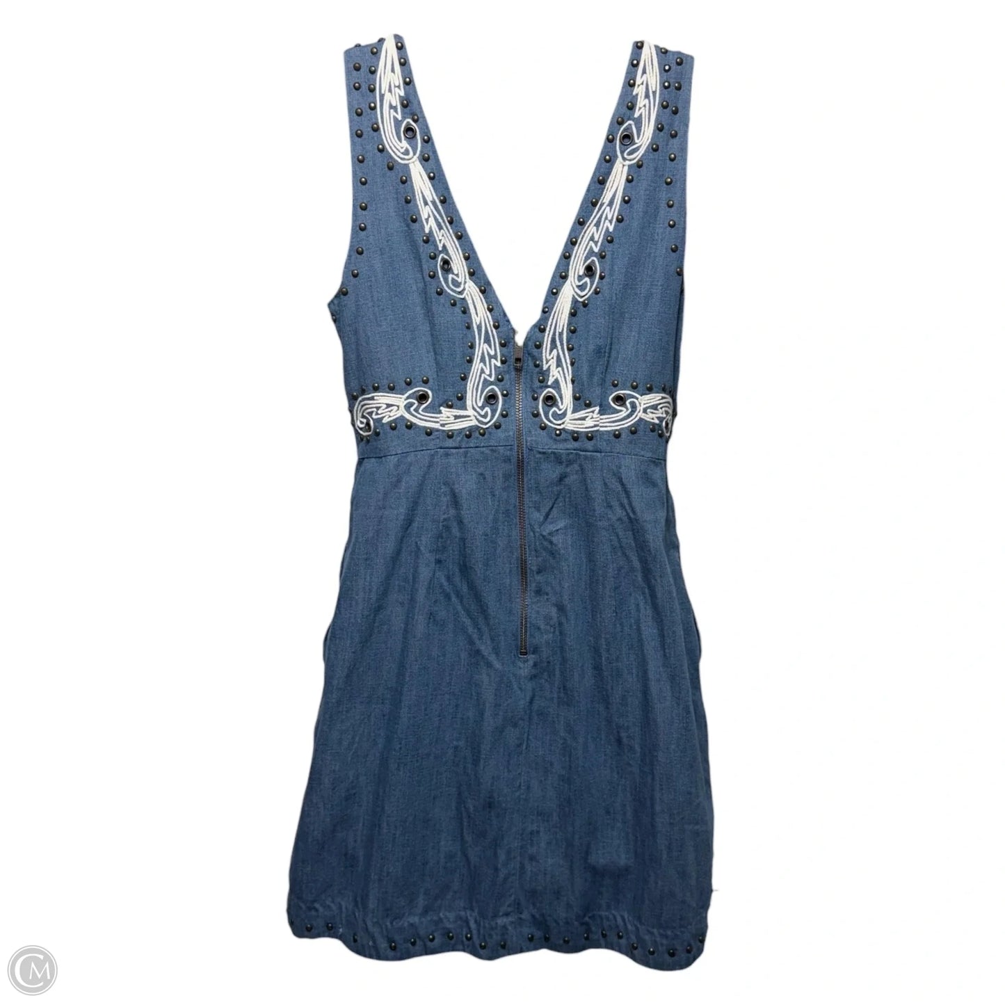 Soft Denim Mini Dress with embroidery and brass beading By Anthropologie In Blue Denim, Size: 4 Petite