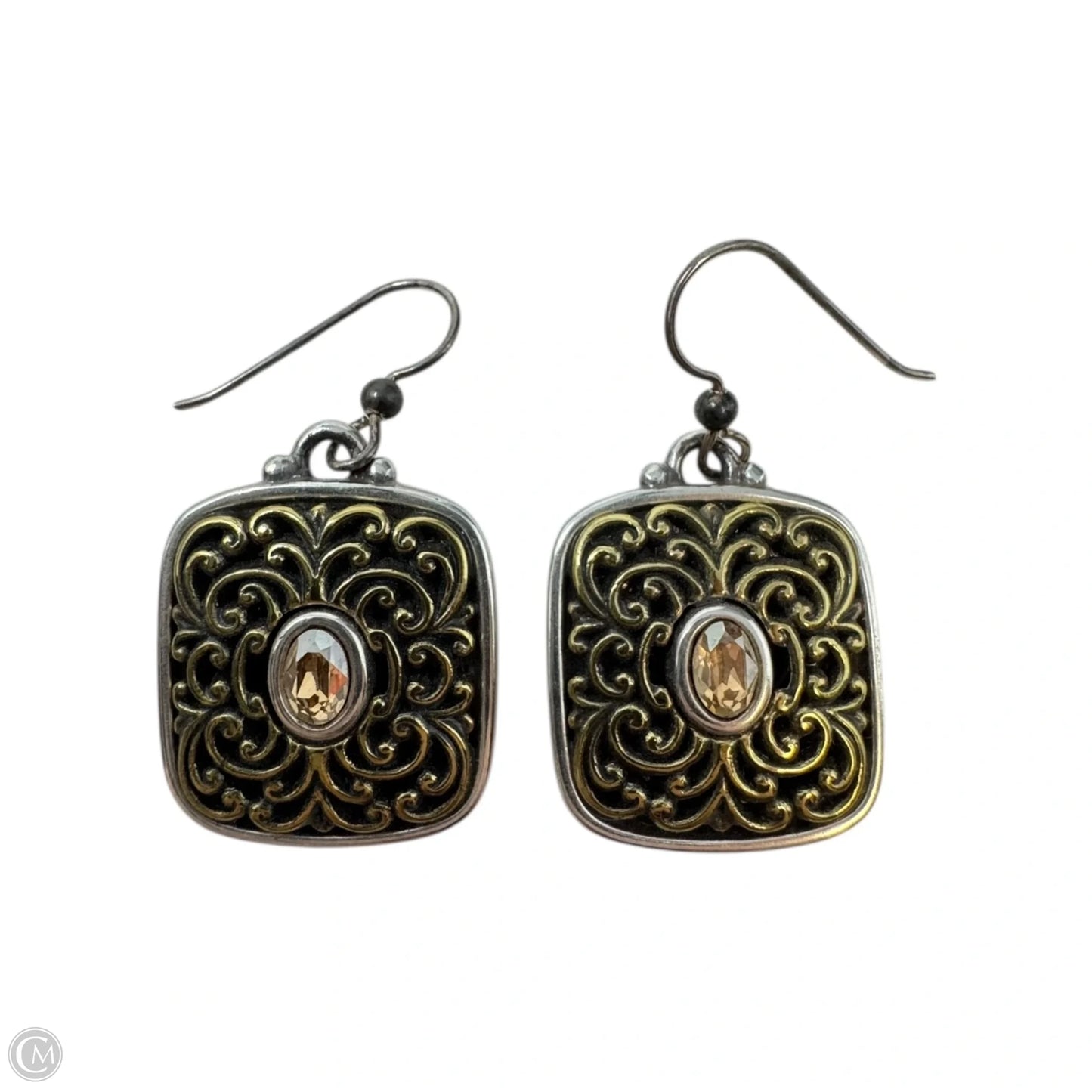 Silver & Gold Tone Square Carved Dangle Earrings