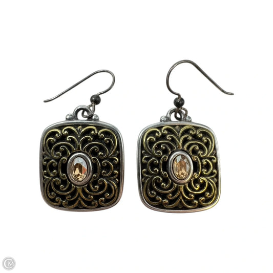 Silver & Gold Tone Square Carved Dangle Earrings